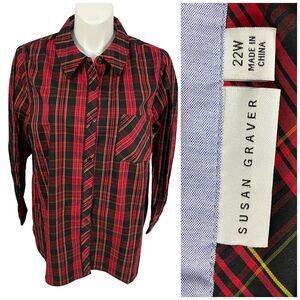Susan Graver Shirt Womens Sz 22W Button Up Top Red Plaid Country Work Office